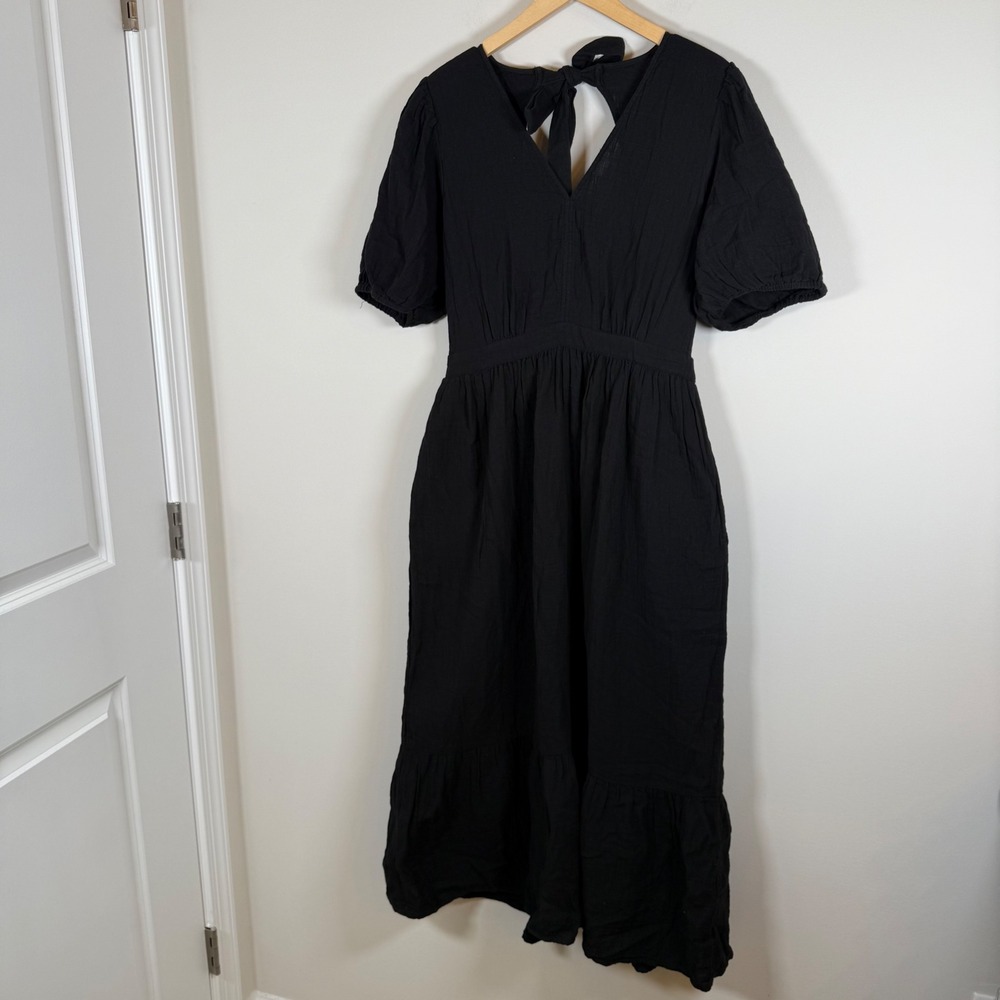 NEW Gap Tie-Back Puff Sleeve Tiered Midi‎ Dress Medium Black 100% Cotton NWT